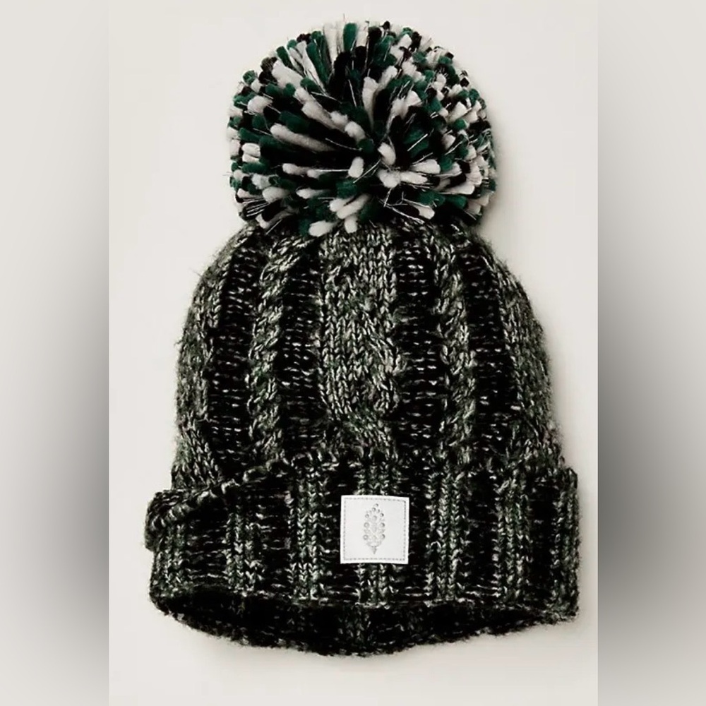 NWT Free People Movement Pom Party Reflective Beanie Hat in White Black Green